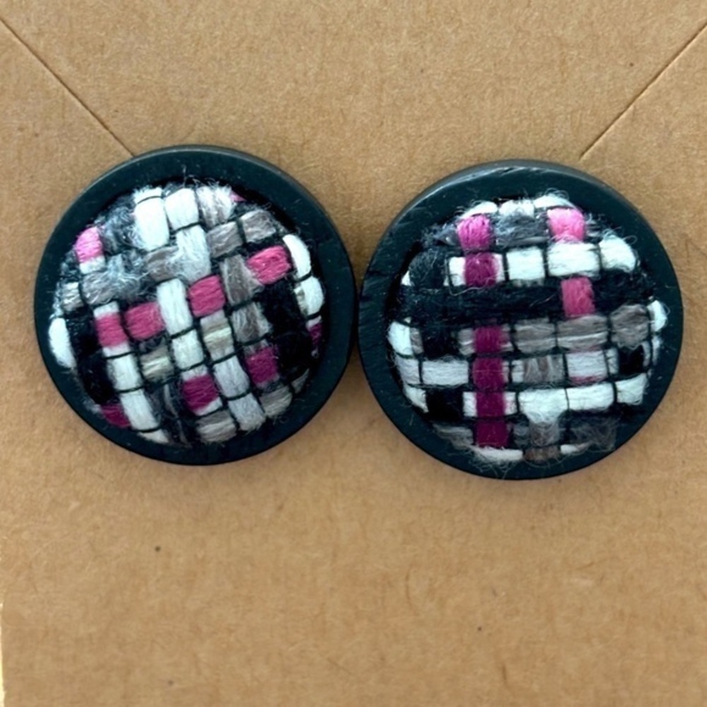Handmade Chunky Retro Textured Fabric Button Wood Stud Earrings, 20mm, NWT